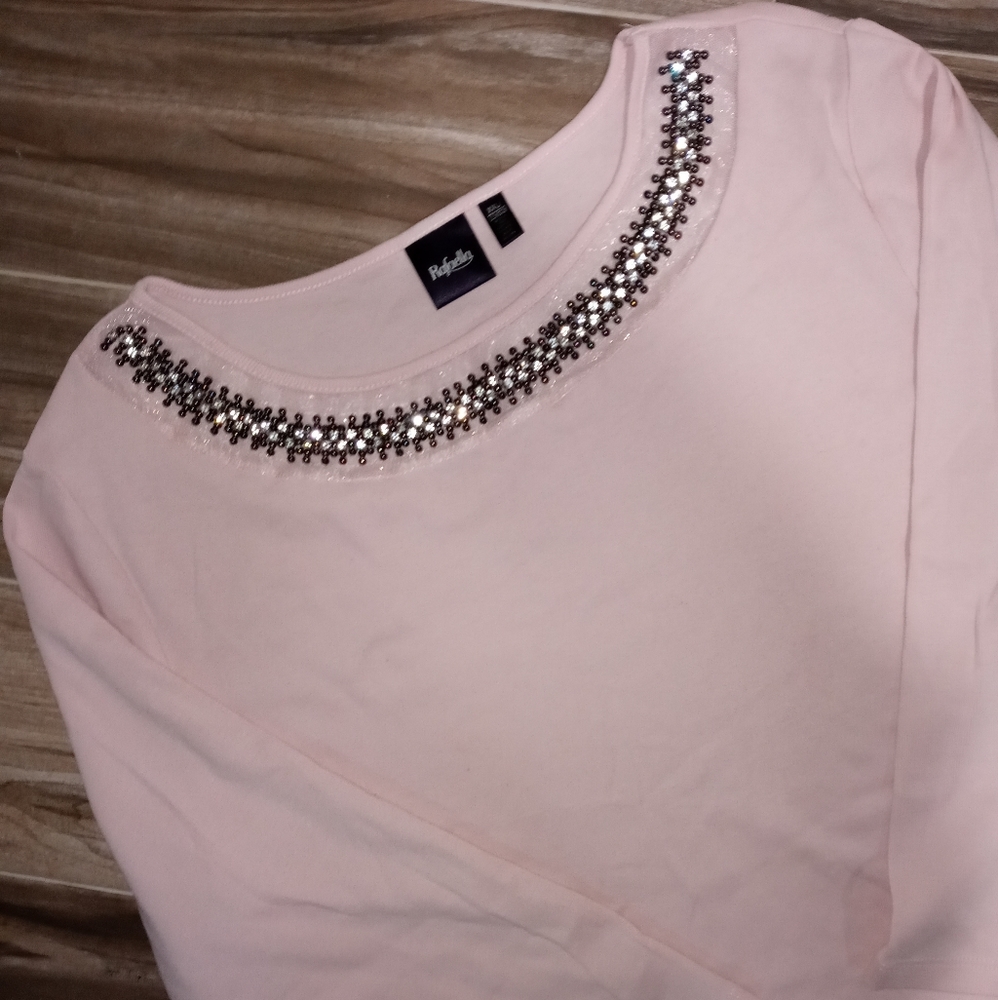 🆕 Rafaella | Beaded Rhinestone Pink Blouse Top Size Large Petite
